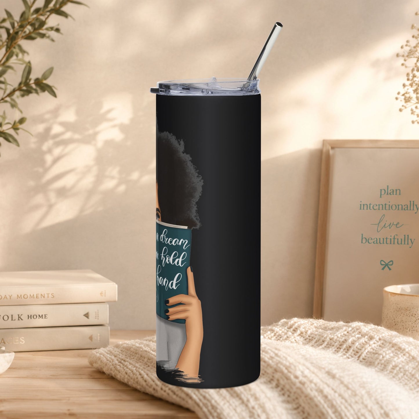 20oz stainless travel tumbler — Woman Reading “A Book Is a Dream You Hold in Your Hand”