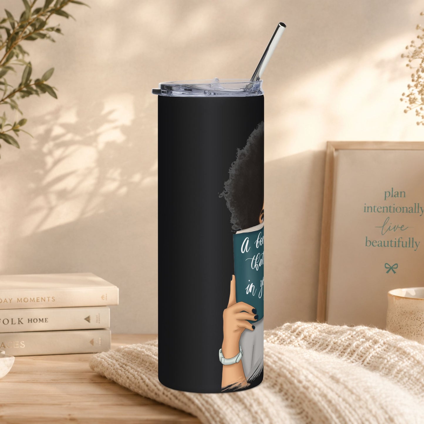 20oz stainless travel tumbler — Woman Reading “A Book Is a Dream You Hold in Your Hand”