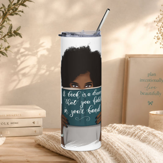 20oz stainless travel tumbler — Woman Reading “A Book Is a Dream You Hold in Your Hand”