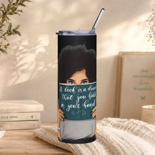 20oz stainless travel tumbler — Woman Reading “A Book Is a Dream You Hold in Your Hand”