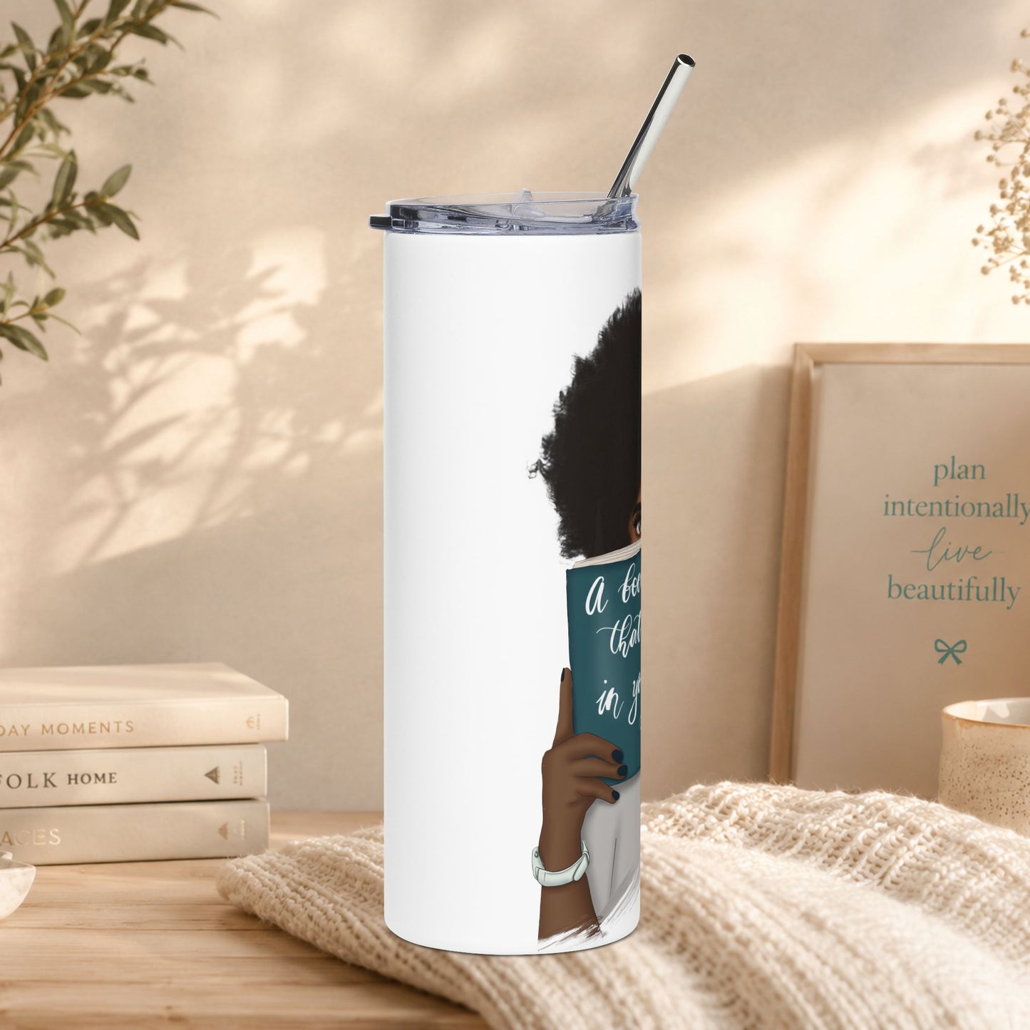 20oz stainless travel tumbler — Woman Reading “A Book Is a Dream You Hold in Your Hand”